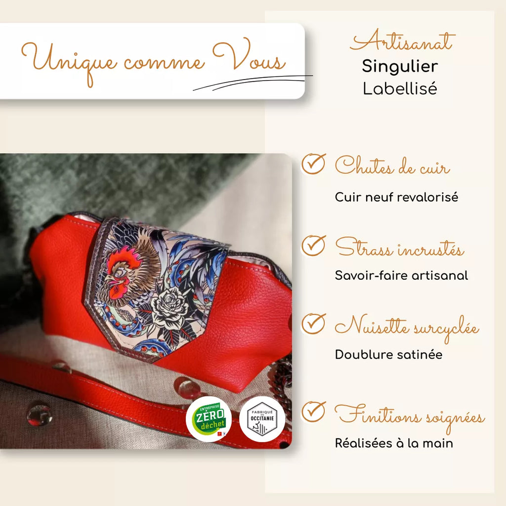 Vue de face sac Coq'Uette chutes de cuir rouge – Pièce unique femme | Occi-Tanne