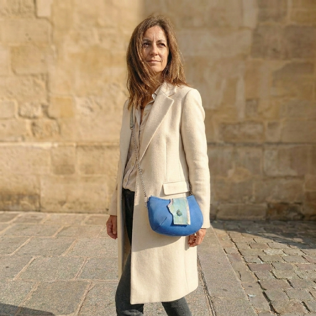 Sac bandoulière Alizé cuir recyclé bleu – vue portée - fait main | Occi-Tanne