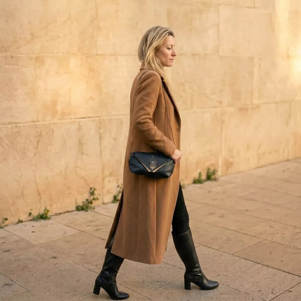 Vue portée - sac bandoulière Galante cuir surcyclé noir – Fait main | Occi-Tanne