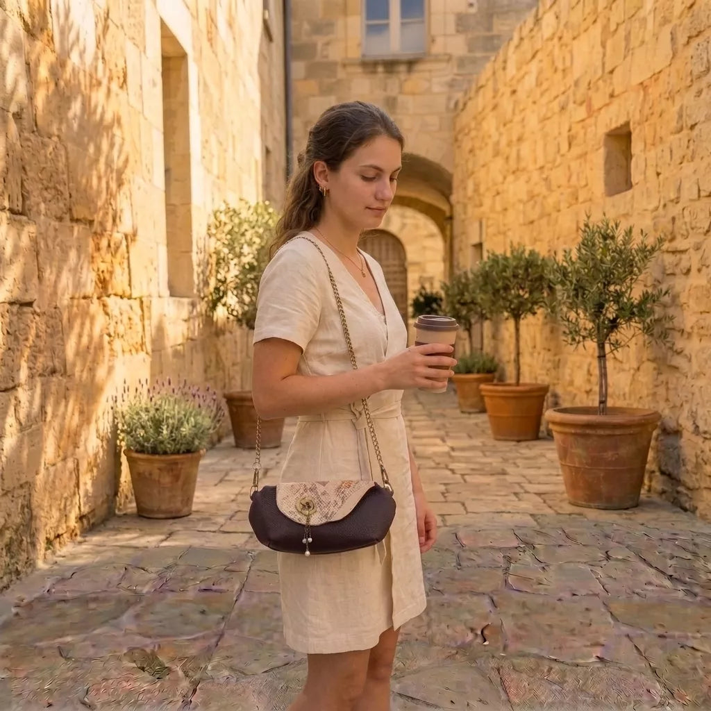 Sac bandoulière Roséa cuir surcyclé aubergine – vue portée - Mode éthique | Occi-Tanne