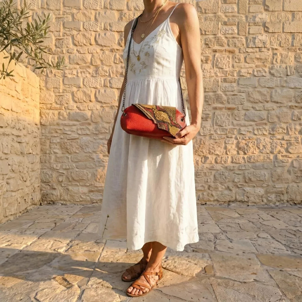 Sac bandoulière Serpentine cuir surcyclé rouge – vue de portée - Mode éthique | Occi-Tanne