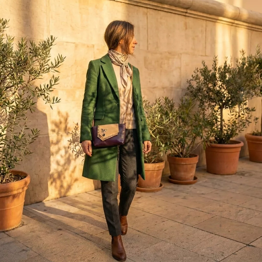 Sac bandoulière Violetta cuir recyclé violet – vue portée - Mode éthique | Occi-Tanne